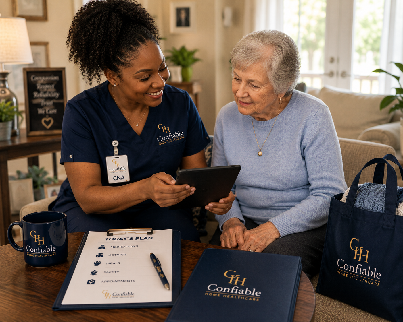 Professional caregiver providing in-home respite care services to an elderly woman with daily supervision and companionship in Pittsburgh