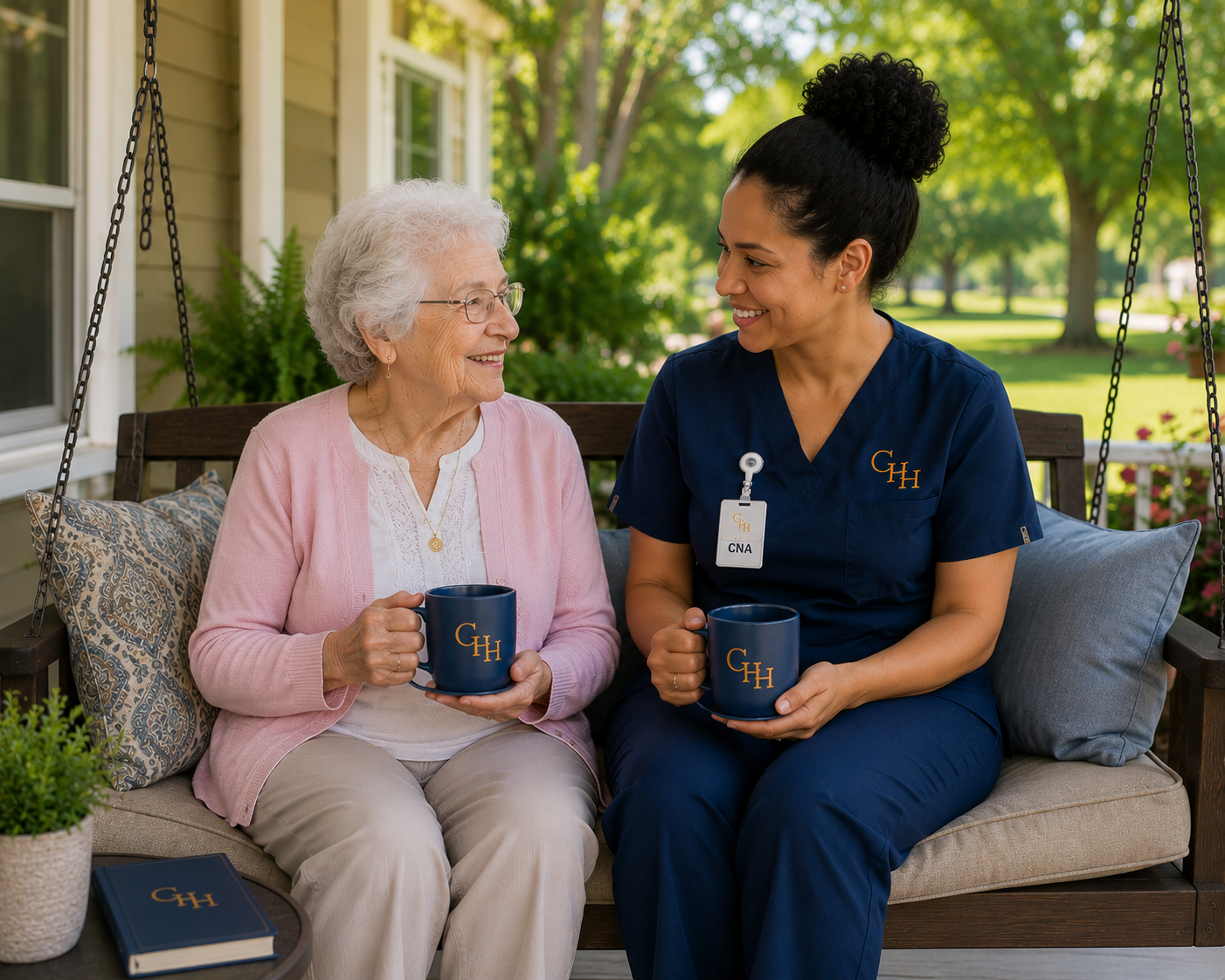 Professional caregiver providing personalized respite care services while spending quality time with an elderly woman at home in Pittsburgh