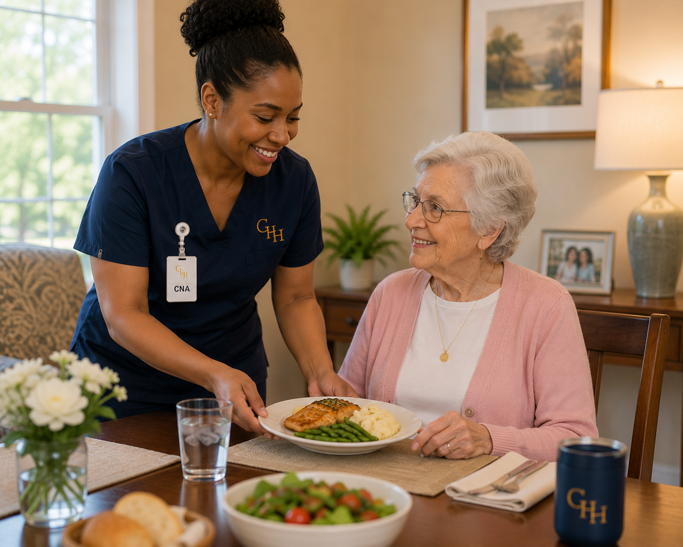 Professional caregiver providing in-home respite care services to an elderly woman with meal assistance in Pittsburgh